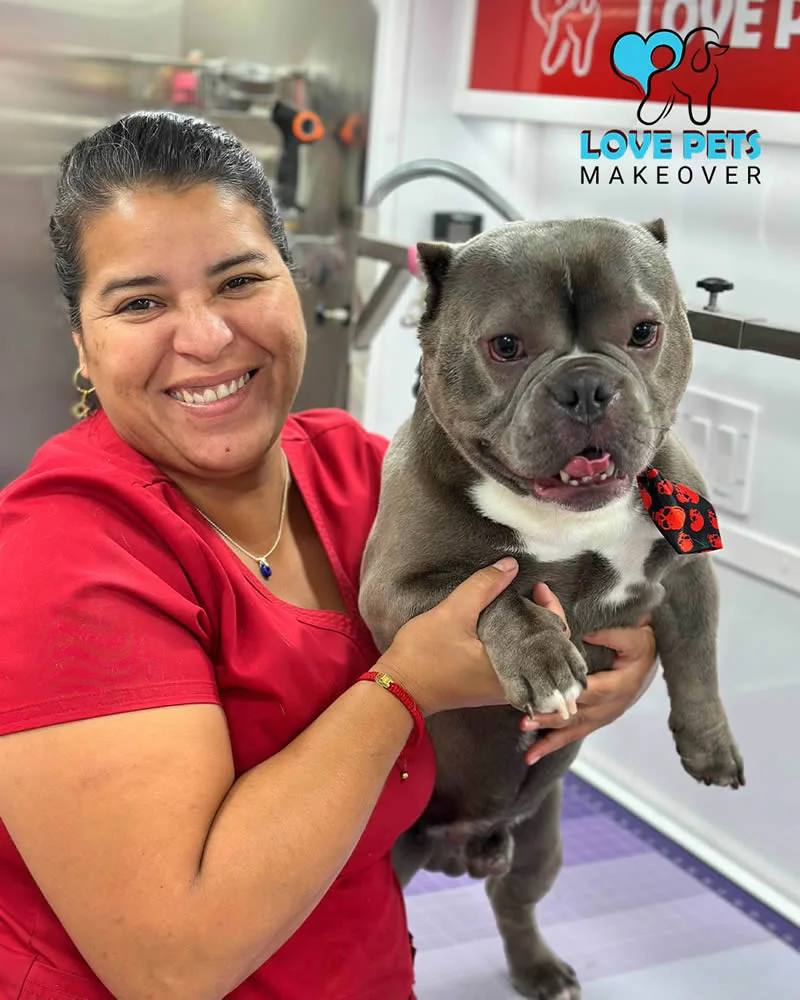 Patricia holding a happy dog in the mobile van
